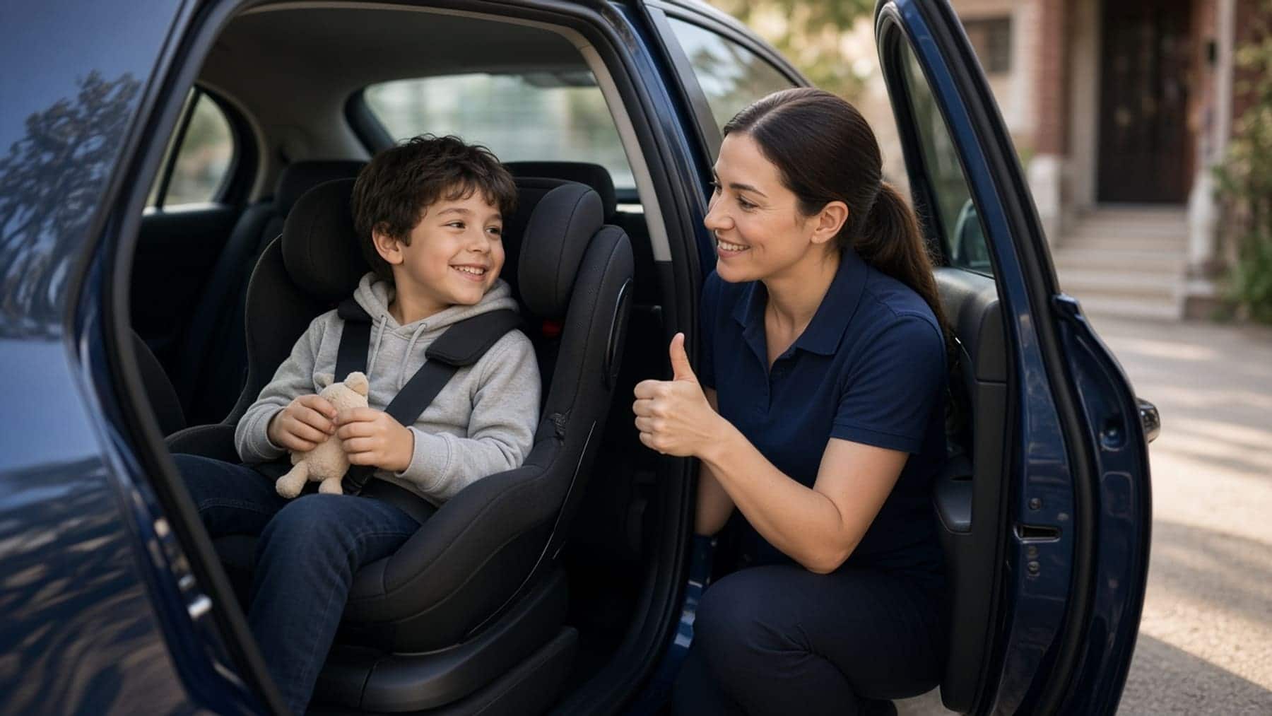 R & M Rides driver giving a buckled-in young child a reassuring thumbs-up before a scheduled trip