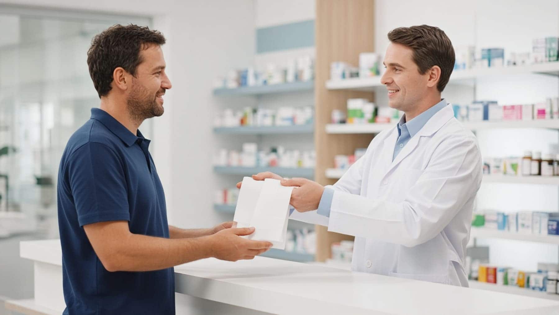 R & M Rides driver picking up prescription bags at a pharmacy counter for a medication delivery trip