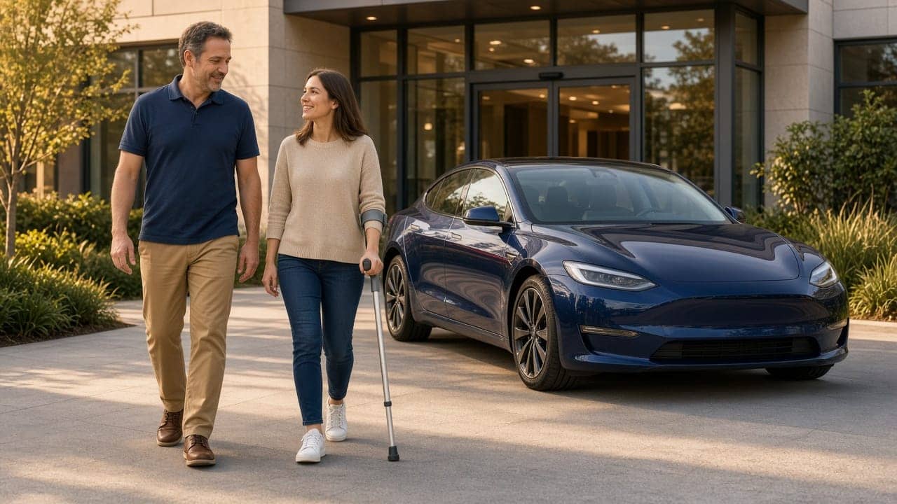 Monitor walking beside a young adult rider toward a navy sedan